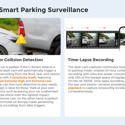 DIBELLAY 70mai T800E 4K 3-Channel Dash Cam – Front/Rear/Interior, Voice Control, 24h Parking, GPS,