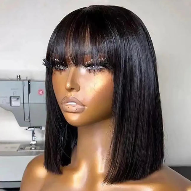 Perruque Bob courte lisse avec frange – Cheveux humains 180 %