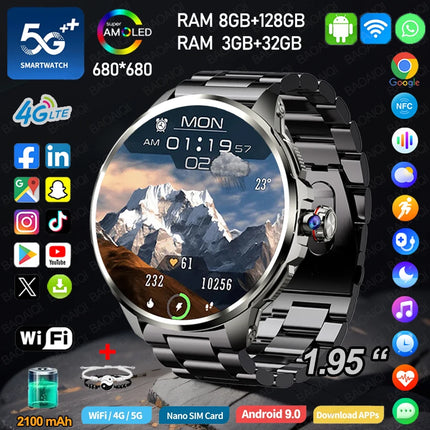 DIBELLAY 5G/4G Smartwatch – 1.95" AMOLED, 8GB+128GB, 900W Camera, GPS, WiFi, Android 9.0, 2100mAh