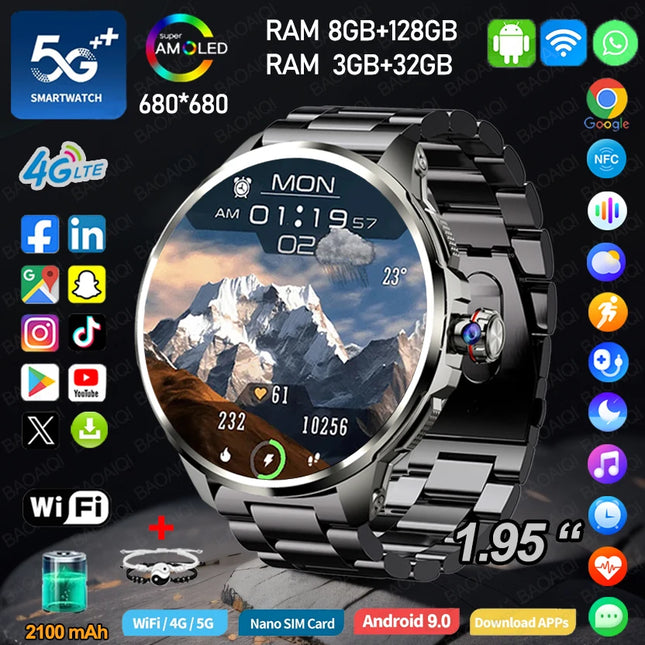 DIBELLAY 5G/4G Smartwatch – 1.95" AMOLED, 8GB+128GB, 900W Camera, GPS, WiFi, Android 9.0, 2100mAh