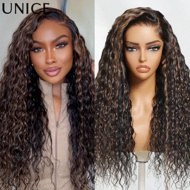 UNice Water Wave Wig – Golden Brown Highlights, 7x5 Lace, Pre-Cut & Glueless