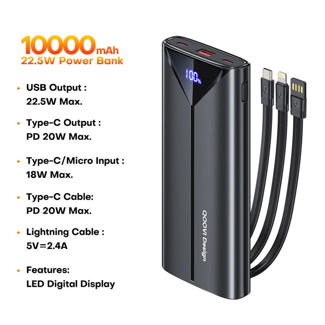 QOOVI 30000mah Power Bank 22.5W Fast Charging Built-in Cable External Large Battery Portable