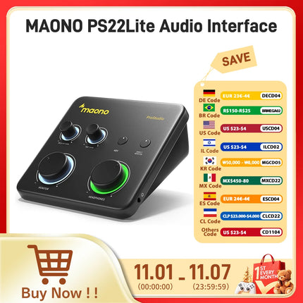 DIBELLAY MAONO PS22 Lite USB Audio Interface – XLR Input, 24-bit/192kHz, Loopback & ASIO for Music/Guitar/DAW