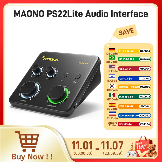 DIBELLAY MAONO PS22 Lite USB Audio Interface – XLR Input, 24-bit/192kHz, Loopback & ASIO for Music/Guitar/DAW
