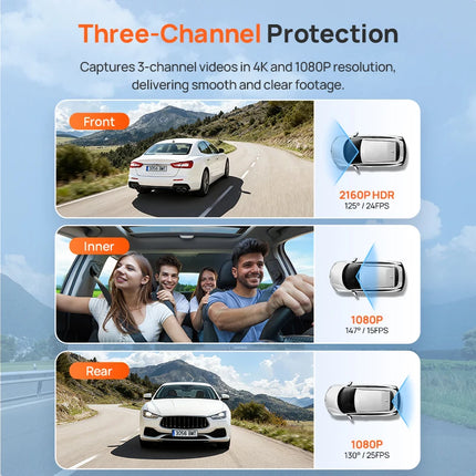 DIBELLAY 70mai T800E 4K 3-Channel Dash Cam – Front/Rear/Interior, Voice Control, 24h Parking, GPS,