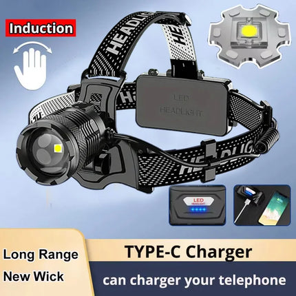 800W Rechargeable LED Headlamp with IR Sensor for Fishing & Camping