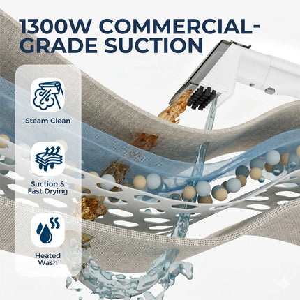 1300W Steam Carpet Cleaner 13kPa Suction 100°C Deep Stain Remover
