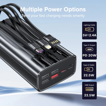 QOOVI 30000mah Power Bank 22.5W Fast Charging Built-in Cable External Large Battery Portable