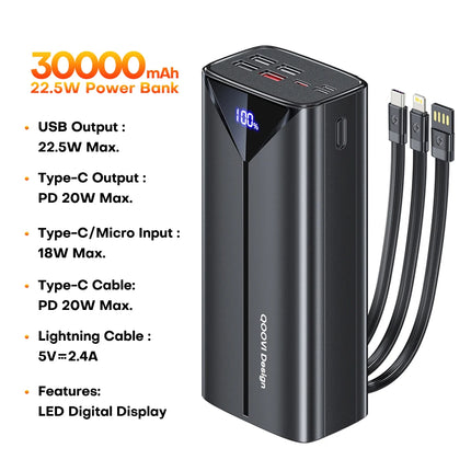 QOOVI 30000mah Power Bank 22.5W Fast Charging Built-in Cable External Large Battery Portable