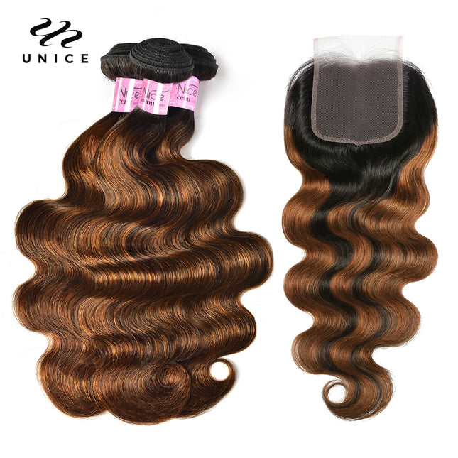UNice Brazilian Body Wave Hair Bundles with Closure – Honey Blonde Highlights”