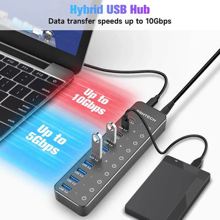 10-Port USB-C Hub with Individual Switches