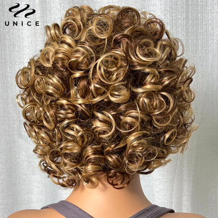 UNice Blonde Curly Wig – 100% Human Hair, Short 8" Afro with Bangs”