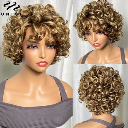UNice Blonde Curly Wig – 100% Human Hair, Short 8" Afro with Bangs”