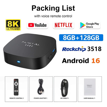 Boîtier de télévision intelligente Android 16 8K WiFi 6 – 8 Go de RAM + 128 Go
