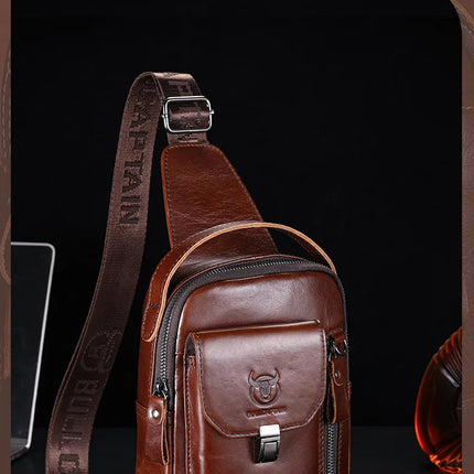 BULLCAPTAIN Men's Genuine Leather Chest Bag Casual Retro 7.9-inch Mobile Phone Bag Multifunctional Anti-Theft Crossbody Bag