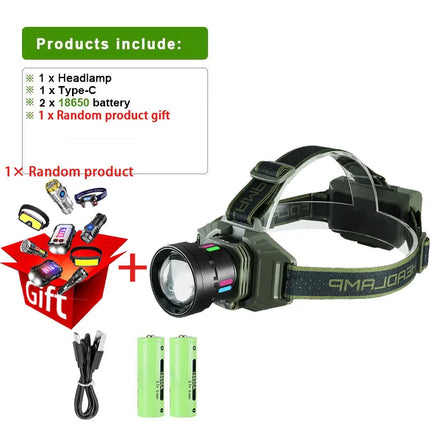 800W Rechargeable LED Headlamp with IR Sensor for Fishing & Camping