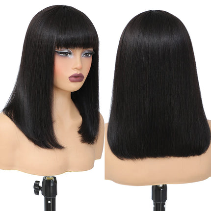 Perruque Bob courte lisse avec frange – Cheveux humains 180 %