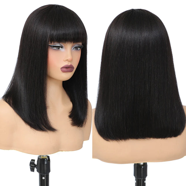 Perruque Bob courte lisse avec frange – Cheveux humains 180 %