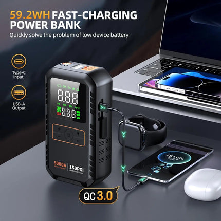 4-in-1 Car Jump Starter with Air Compressor 5000A 150PSI Power Bank Tire Inflator