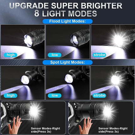 800W Rechargeable LED Headlamp with IR Sensor for Fishing & Camping