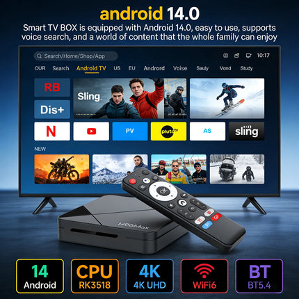 H96 MAX Android 14 TV Box 4K WiFi 6 BT5.4 avec commande vocale