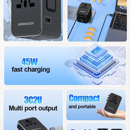 Universal Travel Adapter 45W PD Fast Charger with USB & Type-C Ports