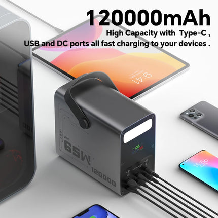 120000mAh LiFePO4 Power Bank 65W PD Portable Power Station