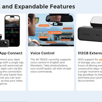 DIBELLAY 70mai T800E 4K 3-Channel Dash Cam – Front/Rear/Interior, Voice Control, 24h Parking, GPS,