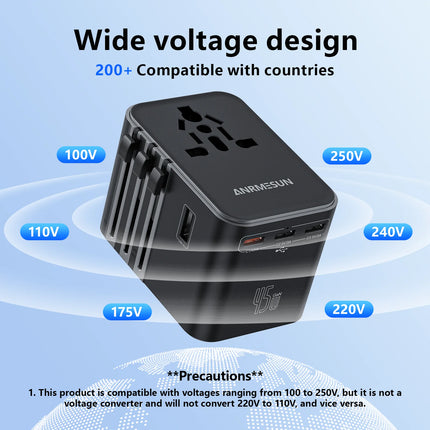 Universal Travel Adapter 45W PD Fast Charger with USB & Type-C Ports