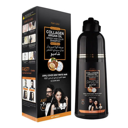 Collagen Argan Oil Black Hair Dye Shampoo 400ml 3-in-1 Nourishing Formula for Gray Hair, Long-Lasting Color for Men Women