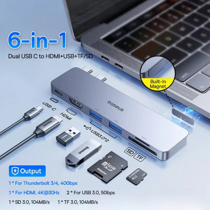 DIBELLAY Dual USB-C Hub 4K HDMI, 40Gbps, USB 3.0, SD/TF for MacBook Pro/Air