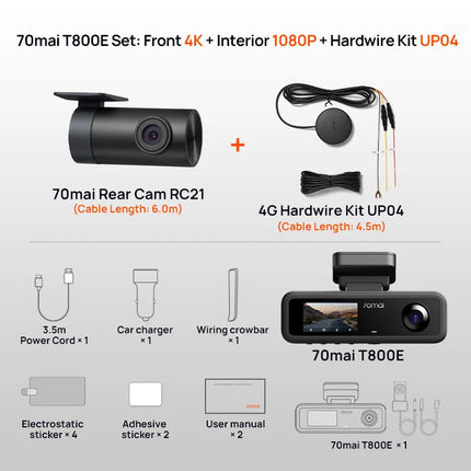DIBELLAY 70mai T800E 4K 3-Channel Dash Cam – Front/Rear/Interior, Voice Control, 24h Parking, GPS,