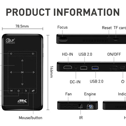 P09-II Portable DLP Mini Pocket Projector Android 9.0 2GB RAM 32GB ROM WIFI5 BT4.2 4K HD Beamer Home Cinema LED Video Projector