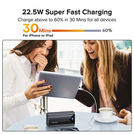 QOOVI 30000mah Power Bank 22.5W Fast Charging Built-in Cable External Large Battery Portable