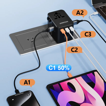 Universal Travel Adapter 45W PD Fast Charger with USB & Type-C Ports