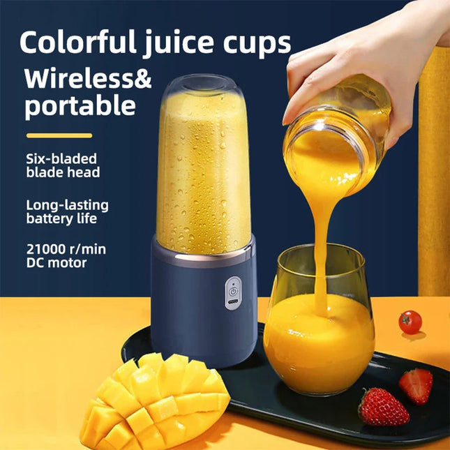 6-Blade Portable Juicer – USB Rechargeable Blender with 2 Cups