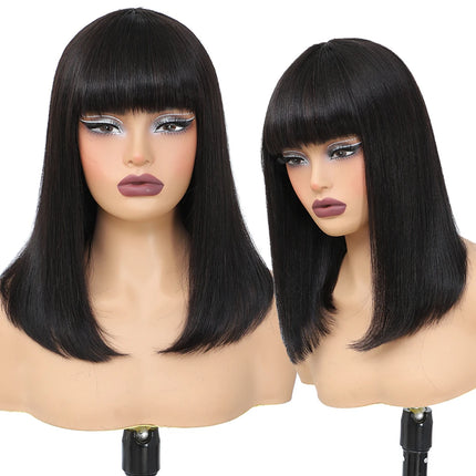 Perruque Bob courte lisse avec frange – Cheveux humains 180 %