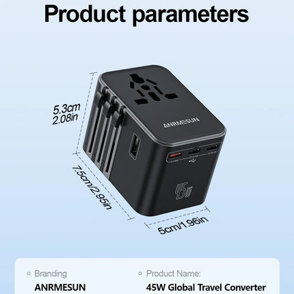 Universal Travel Adapter 45W PD Fast Charger with USB & Type-C Ports