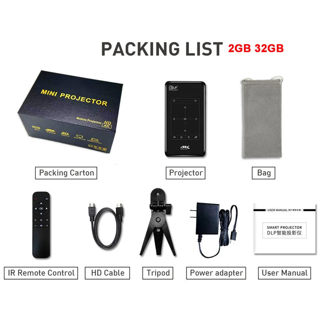 P09-II Portable DLP Mini Pocket Projector Android 9.0 2GB RAM 32GB ROM WIFI5 BT4.2 4K HD Beamer Home Cinema LED Video Projector