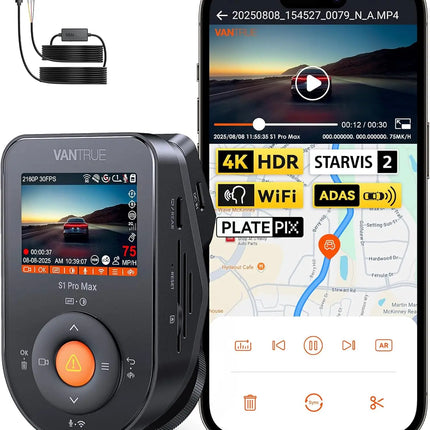 DIBELLAY Vantrue S1 Pro Max 4K Dash Cam – Front STARVIS 2, HDR, Night Vision, 5G WiFi, ADAS, GPS, 24h Parking Mode