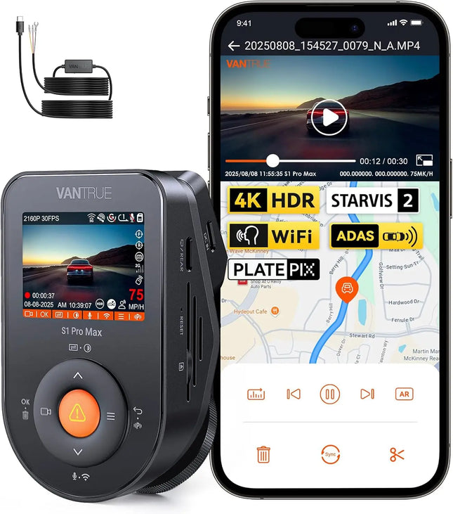 DIBELLAY Vantrue S1 Pro Max 4K Dash Cam – Front STARVIS 2, HDR, Night Vision, 5G WiFi, ADAS, GPS, 24h Parking Mode