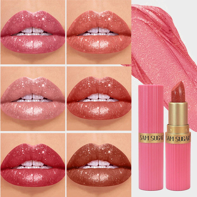 Pearlescent Pink Glitter Velvet Lipstick – Waterproof & Long Lasting