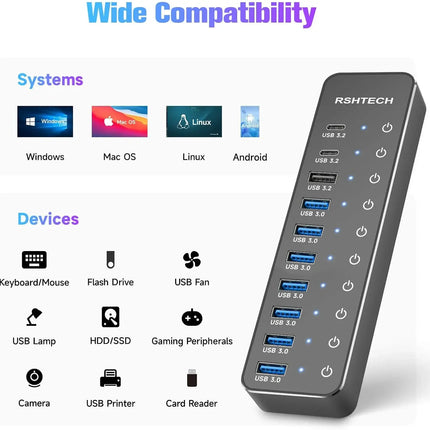 10-Port USB-C Hub with Individual Switches