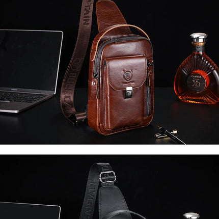 BULLCAPTAIN Men's Genuine Leather Chest Bag Casual Retro 7.9-inch Mobile Phone Bag Multifunctional Anti-Theft Crossbody Bag