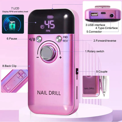 45,000 RPM Rechargeable Electric Nail Drill – Professional Portable Manicure Tool
