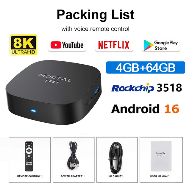 Boîtier de télévision intelligente Android 16 8K WiFi 6 – 8 Go de RAM + 128 Go