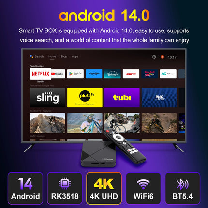 H96 MAX Android 14 TV Box 4K WiFi 6 BT5.4 avec commande vocale