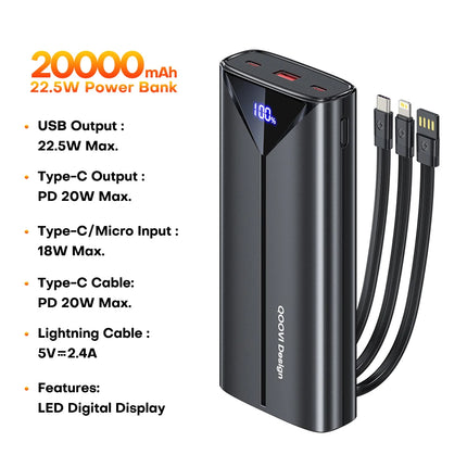 QOOVI 30000mah Power Bank 22.5W Fast Charging Built-in Cable External Large Battery Portable