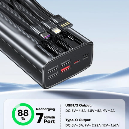 QOOVI 30000mah Power Bank 22.5W Fast Charging Built-in Cable External Large Battery Portable