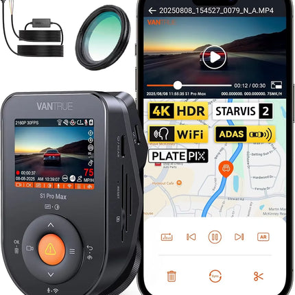 DIBELLAY Vantrue S1 Pro Max 4K Dash Cam – Front STARVIS 2, HDR, Night Vision, 5G WiFi, ADAS, GPS, 24h Parking Mode